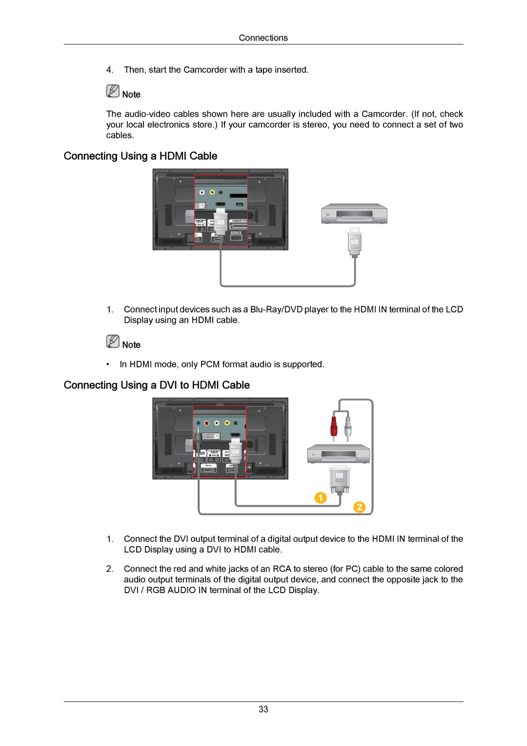 Samsung LH46DLTLGD/EN, LH40DLTLGD/EN, LH46DLPLGD/EN Connecting Using a Hdmi Cable, Connecting Using a DVI to Hdmi Cable 