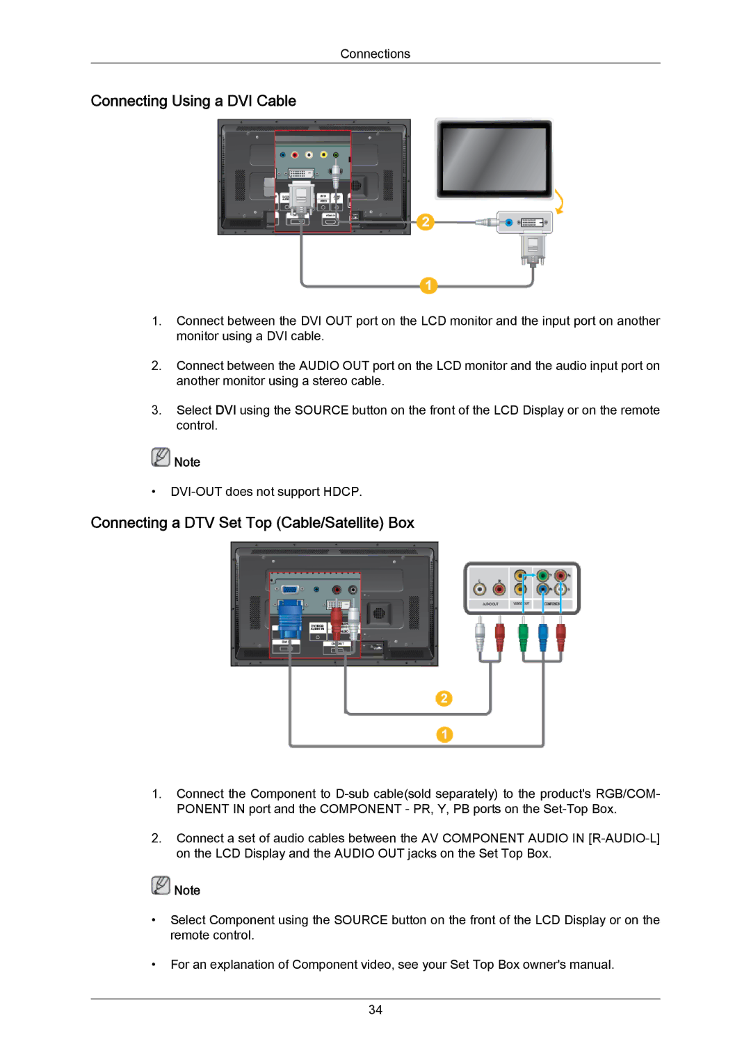 Samsung LH40DLTLGD/EN, LH46DLTLGD/EN manual Connecting Using a DVI Cable, Connecting a DTV Set Top Cable/Satellite Box 