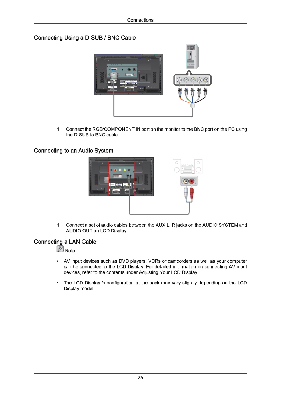 Samsung LH46DLPLGD/EN manual Connecting Using a D-SUB / BNC Cable, Connecting to an Audio System, Connecting a LAN Cable 