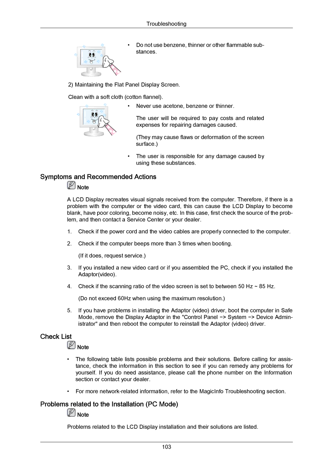 Samsung LH46DLPLGD/EN manual Symptoms and Recommended Actions, Check List, Problems related to the Installation PC Mode 