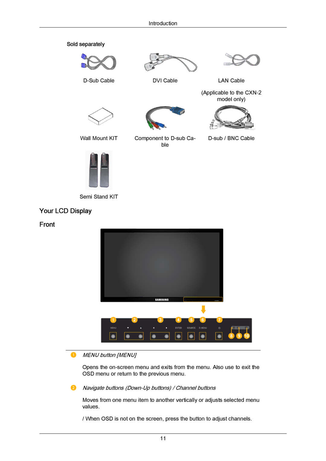 Samsung LH40DLTLGD/EN, LH46DLTLGD/EN, LH46DLPLGD/EN manual Your LCD Display Front, Sold separately, Menu button Menu 