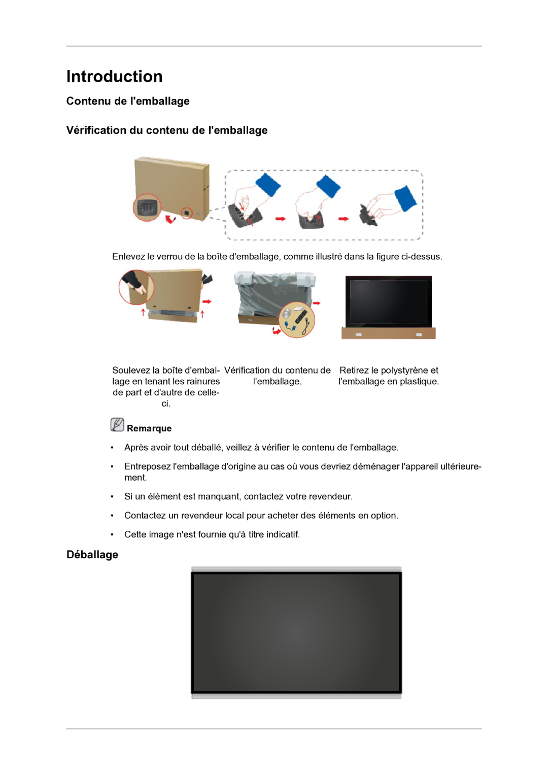 Samsung LH46DRBPLBB/EN manual Contenu de lemballage Vérification du contenu de lemballage, Déballage 