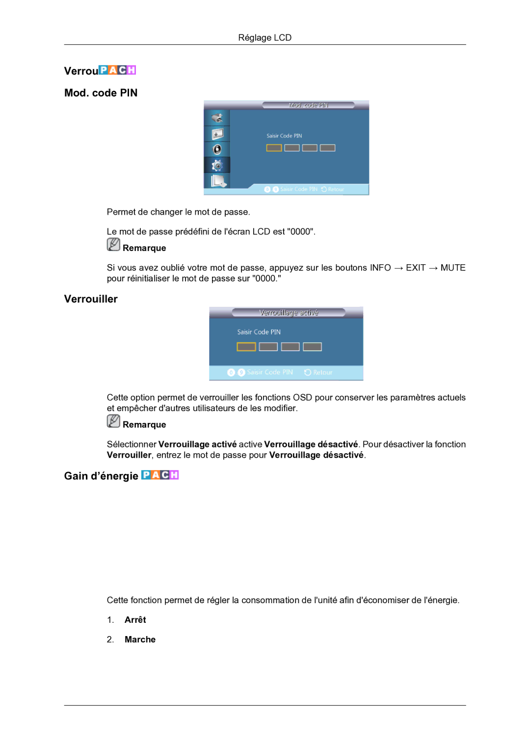 Samsung LH46DRBPLBB/EN manual Verrou Mod. code PIN, Verrouiller, Gain d’énergie 