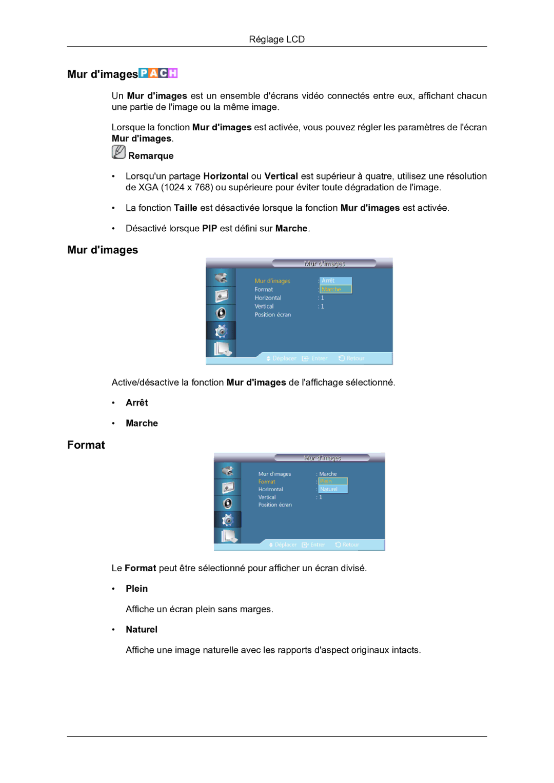 Samsung LH46DRBPLBB/EN manual Mur dimages, Plein 