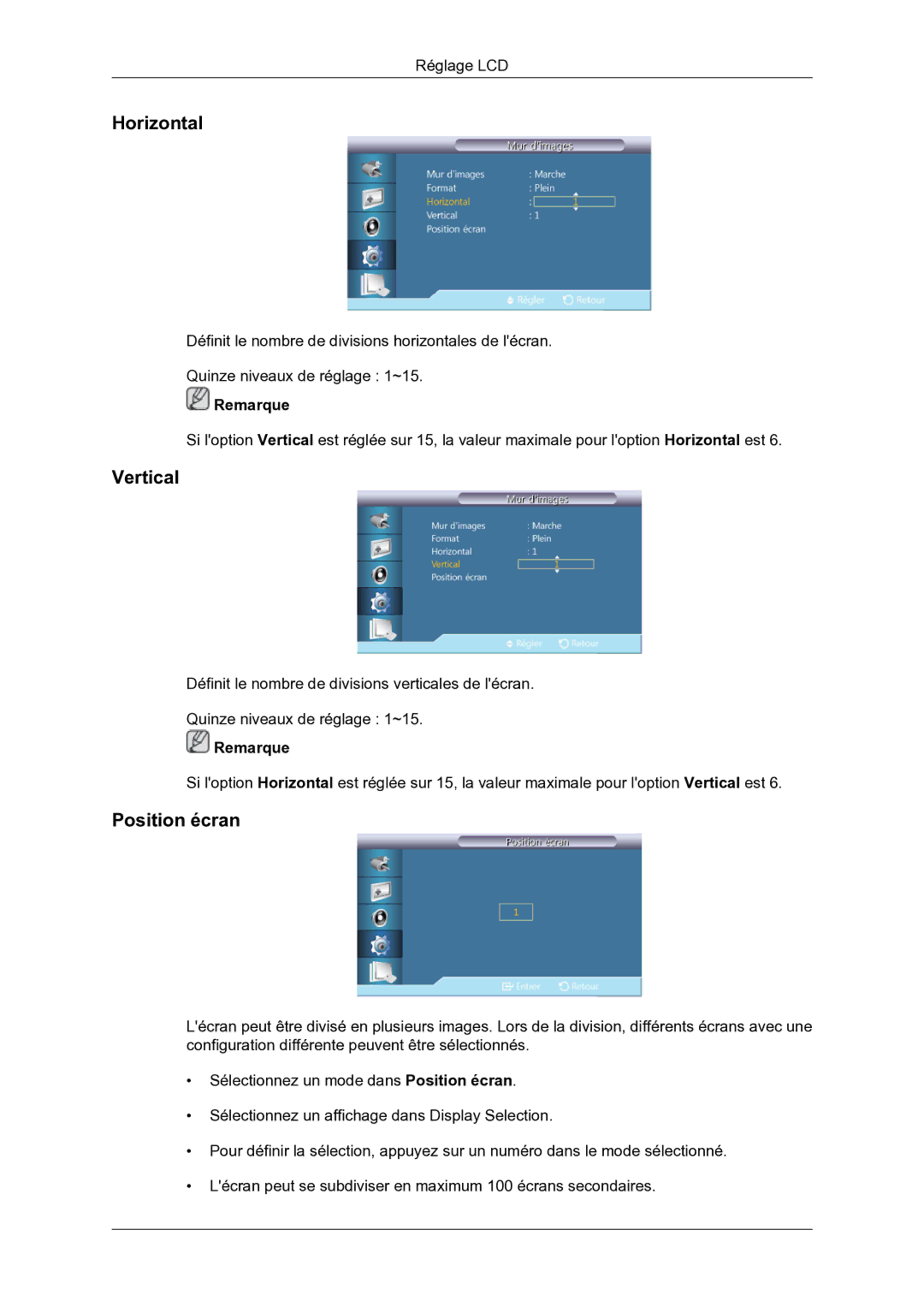 Samsung LH46DRBPLBB/EN manual Horizontal, Vertical, Position écran 