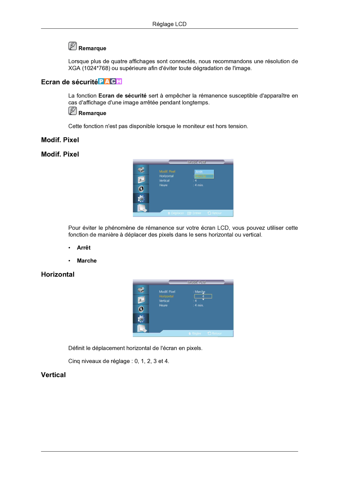 Samsung LH46DRBPLBB/EN manual Ecran de sécurité, Modif. Pixel 