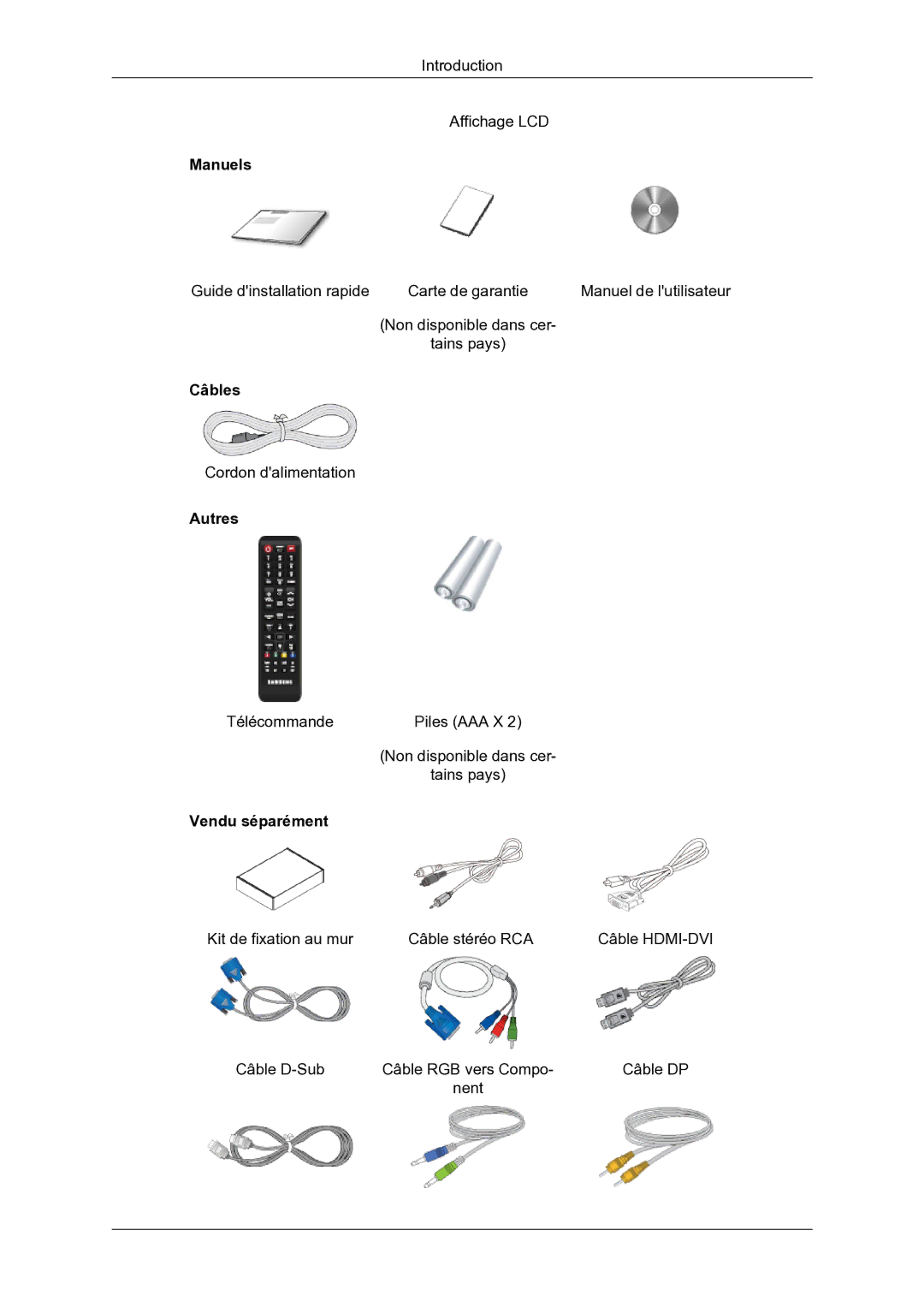 Samsung LH46DRBPLBB/EN manual Manuels, Câbles, Autres, Vendu séparément 