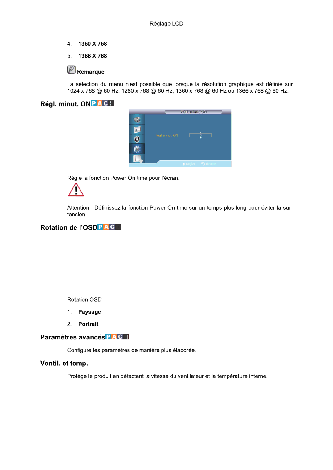 Samsung LH46DRBPLBB/EN manual Régl. minut. on, Rotation de l’OSD, Paramètres avancés, Ventil. et temp 