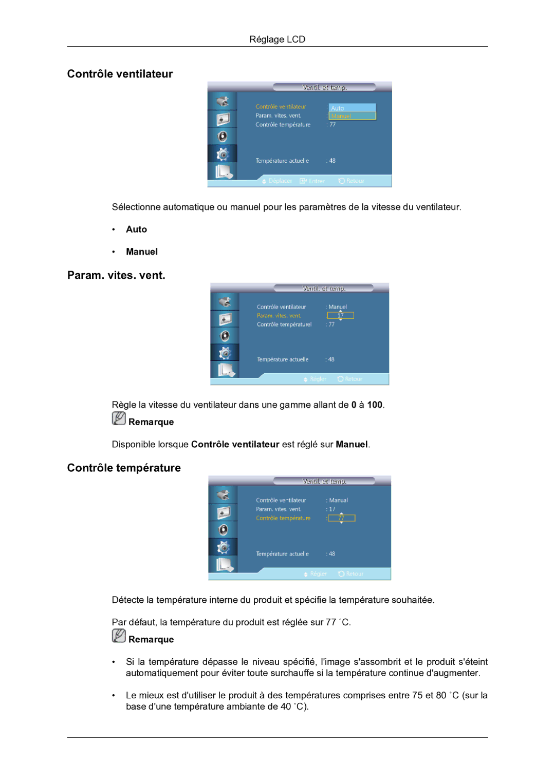 Samsung LH46DRBPLBB/EN manual Contrôle ventilateur, Param. vites. vent, Contrôle température, Auto Manuel 