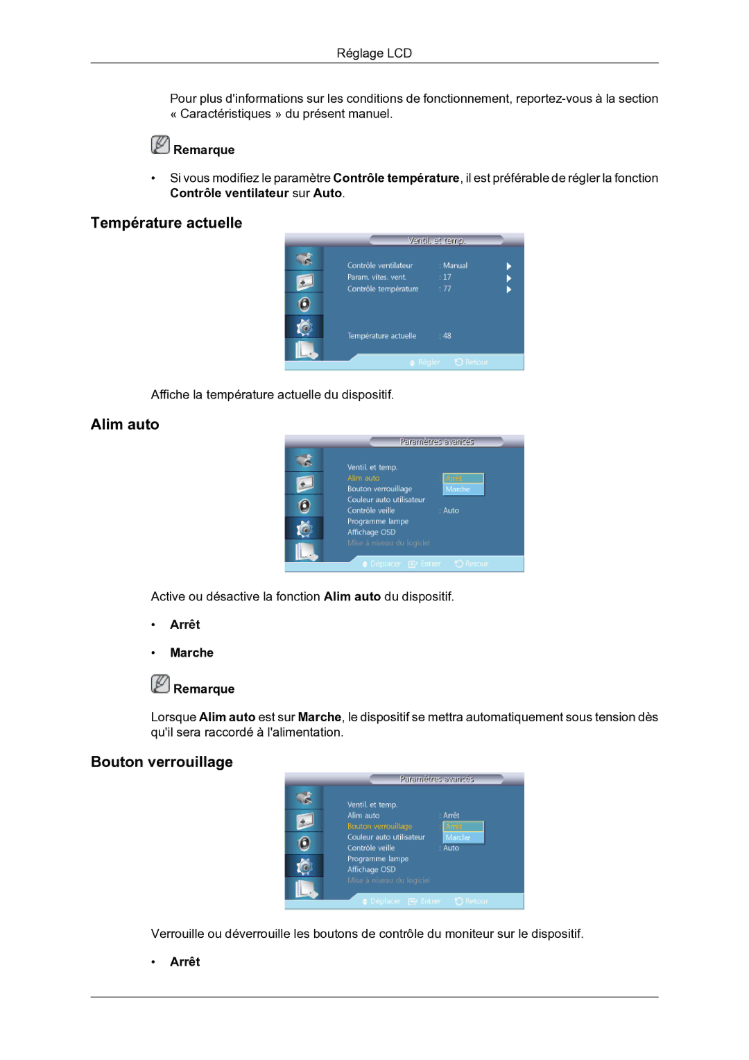 Samsung LH46DRBPLBB/EN manual Température actuelle, Alim auto, Bouton verrouillage 