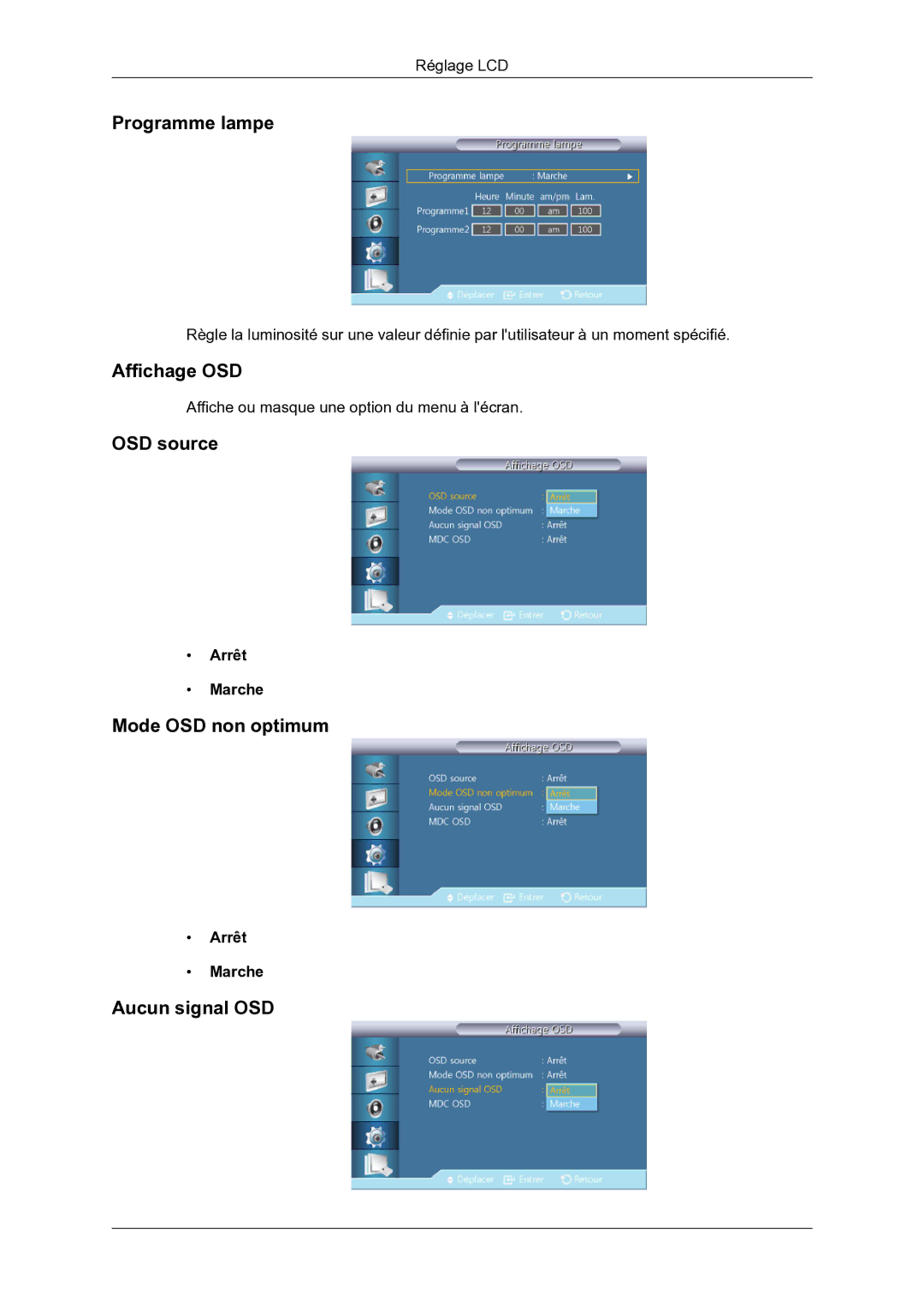 Samsung LH46DRBPLBB/EN manual Programme lampe, Affichage OSD, OSD source, Mode OSD non optimum, Aucun signal OSD 