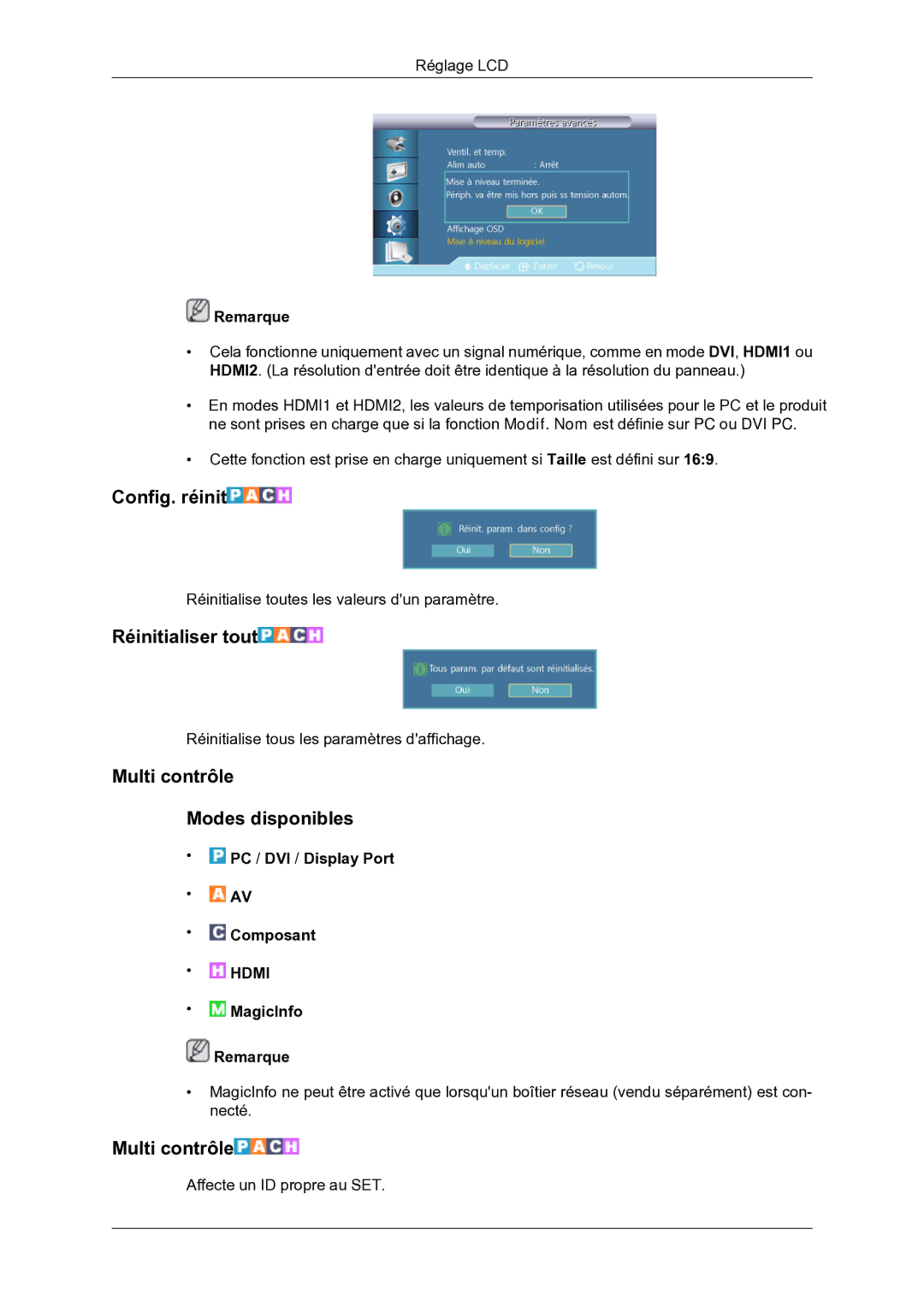 Samsung LH46DRBPLBB/EN manual Config. réinit, Réinitialiser tout, Multi contrôle Modes disponibles 