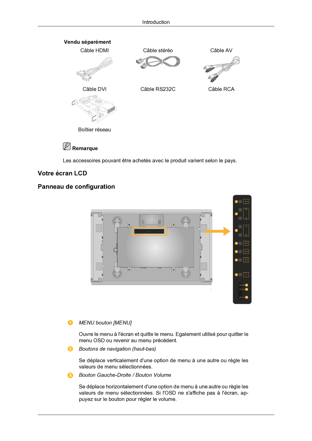 Samsung LH46DRBPLBB/EN manual Votre écran LCD Panneau de configuration, Menu bouton Menu 