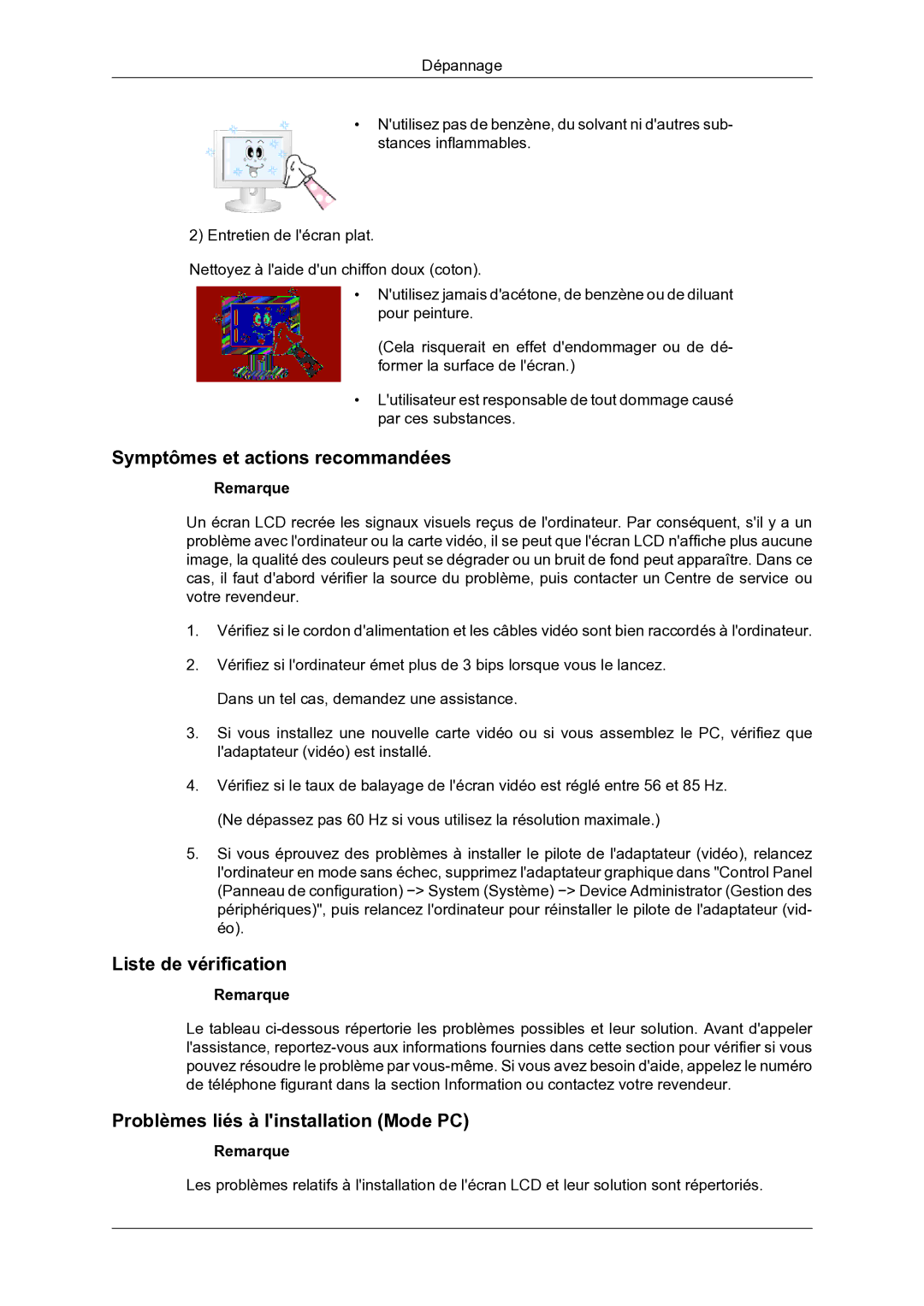 Samsung LH46DRBPLBB/EN Symptômes et actions recommandées, Liste de vérification, Problèmes liés à linstallation Mode PC 