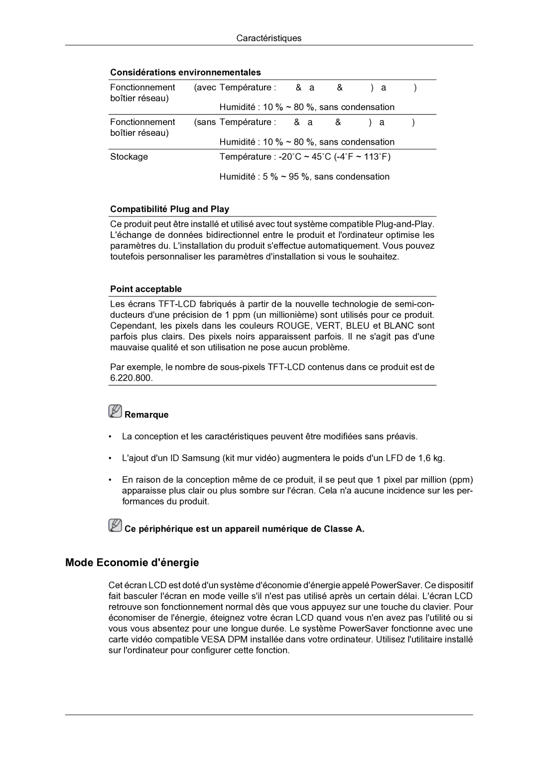 Samsung LH46DRBPLBB/EN manual Mode Economie dénergie, Considérations environnementales, Compatibilité Plug and Play 