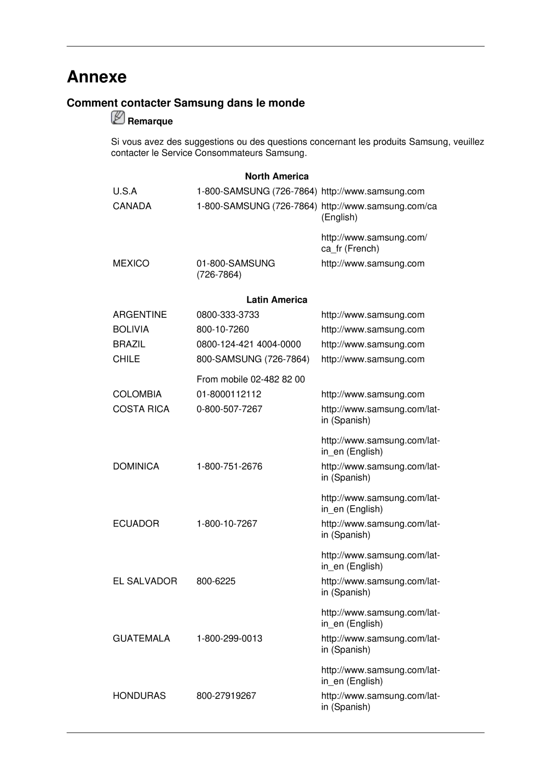 Samsung LH46DRBPLBB/EN manual Comment contacter Samsung dans le monde, North America, Latin America 