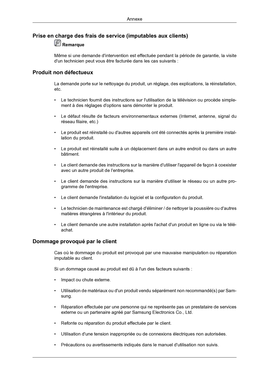 Samsung LH46DRBPLBB/EN manual Prise en charge des frais de service imputables aux clients, Produit non défectueux 