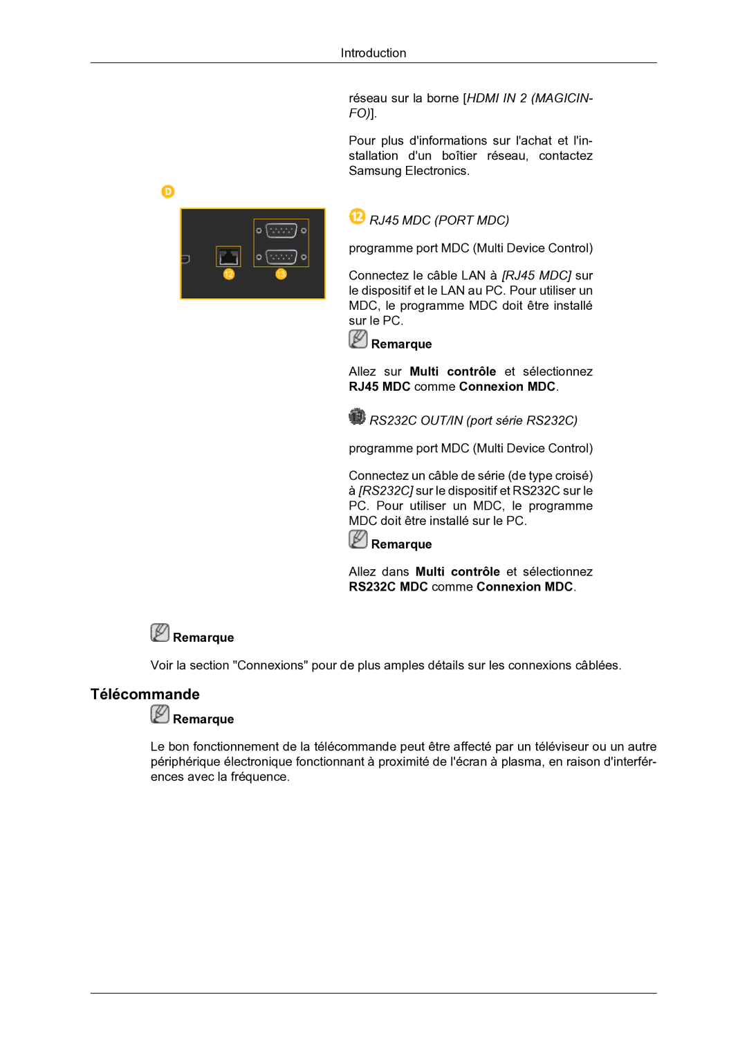 Samsung LH46DRBPLBB/EN manual Télécommande, RJ45 MDC comme Connexion MDC, RS232C MDC comme Connexion MDC Remarque 