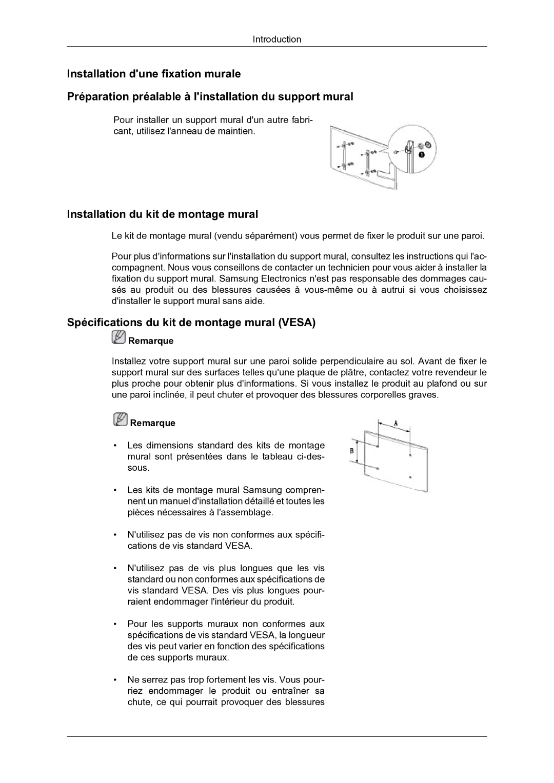 Samsung LH46DRBPLBB/EN manual Installation du kit de montage mural, Spécifications du kit de montage mural Vesa 