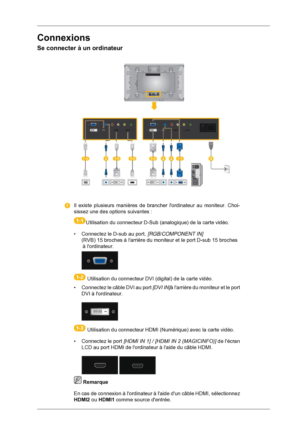 Samsung LH46DRBPLBB/EN manual Connexions, Se connecter à un ordinateur 