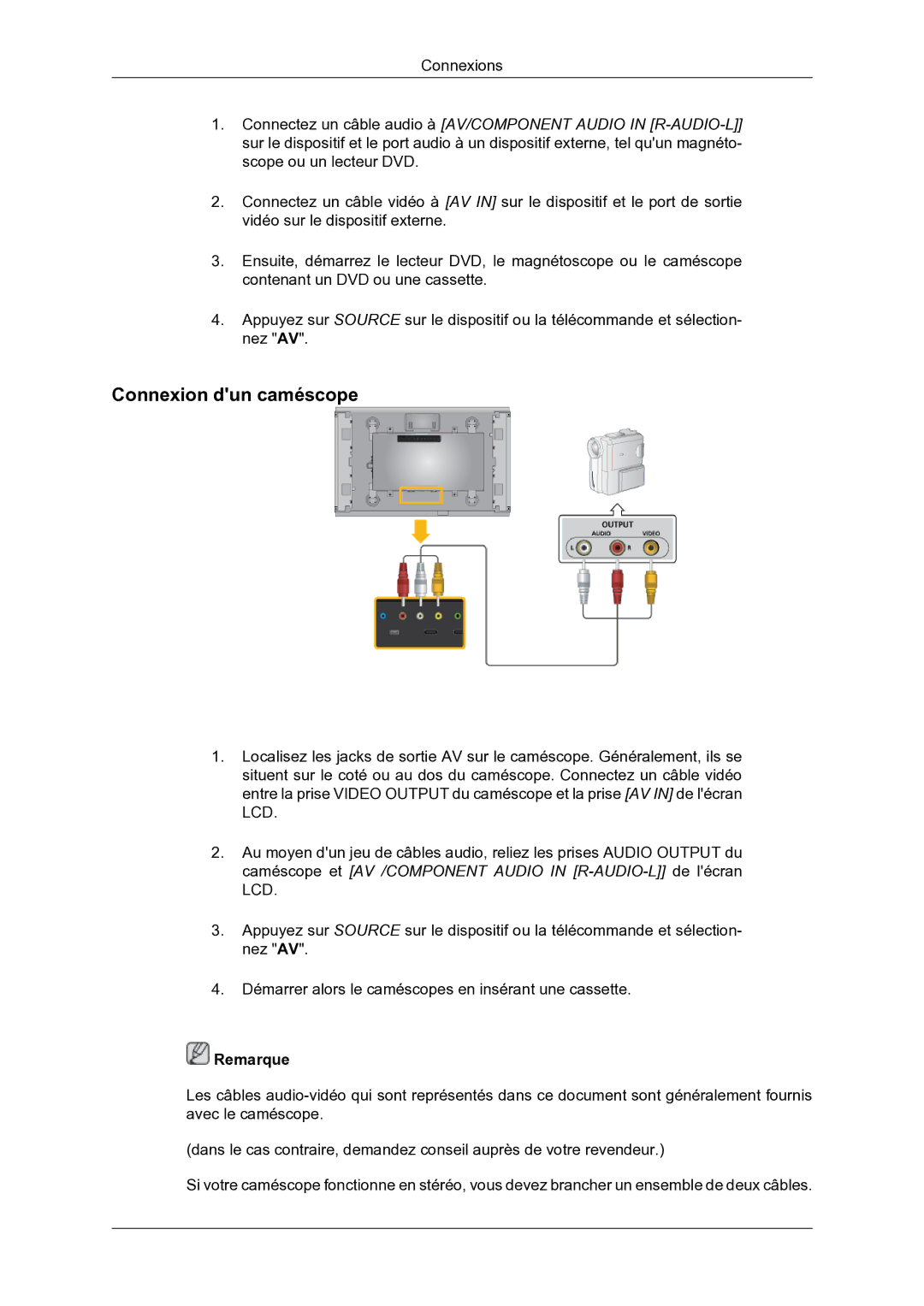 Samsung LH46DRBPLBB/EN manual Connexion dun caméscope 