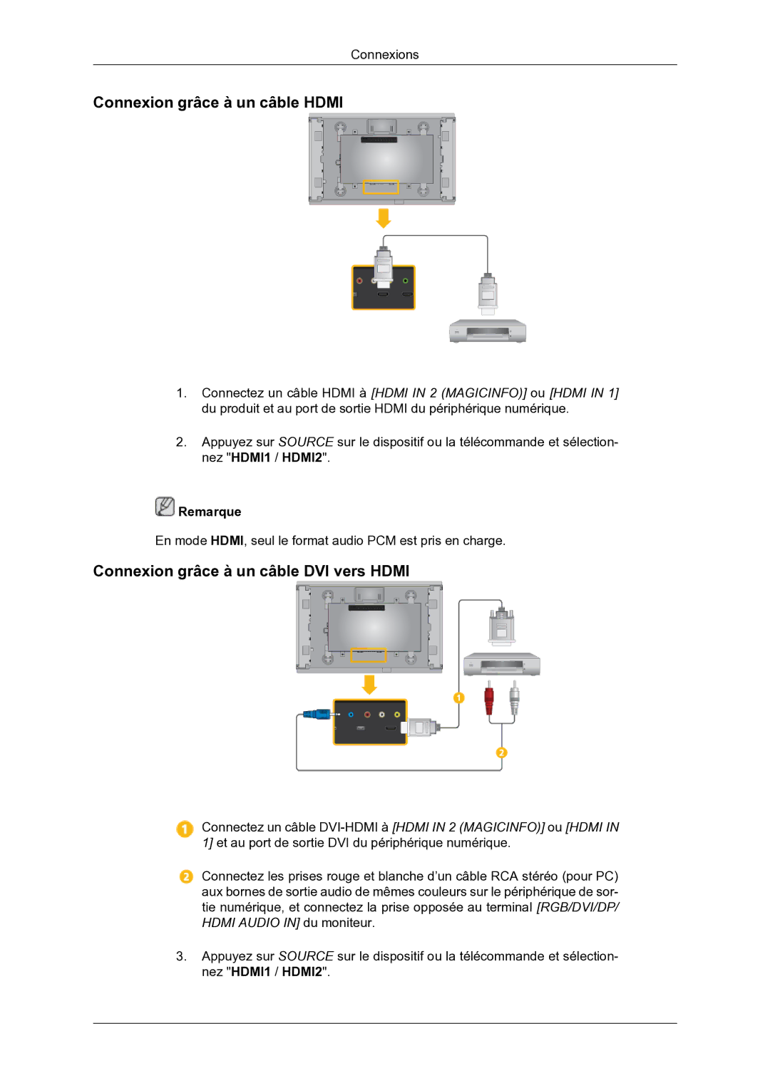 Samsung LH46DRBPLBB/EN manual Connexion grâce à un câble Hdmi, Connexion grâce à un câble DVI vers Hdmi 