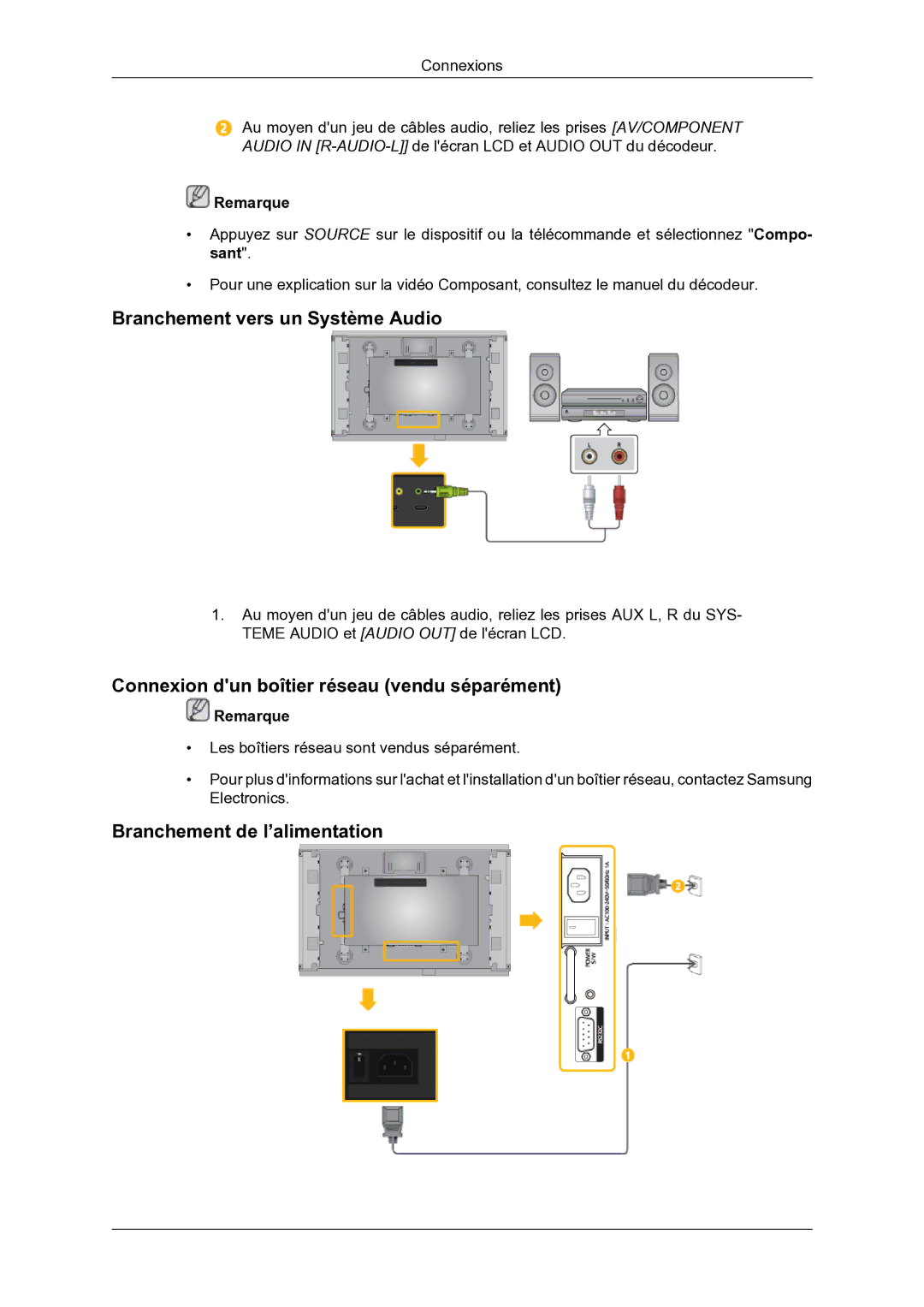 Samsung LH46DRBPLBB/EN manual Branchement vers un Système Audio, Connexion dun boîtier réseau vendu séparément 