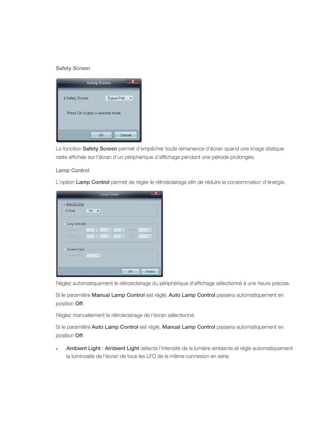 Samsung LH46DRBPLBB/EN manual Safety Screen, Lamp Control 