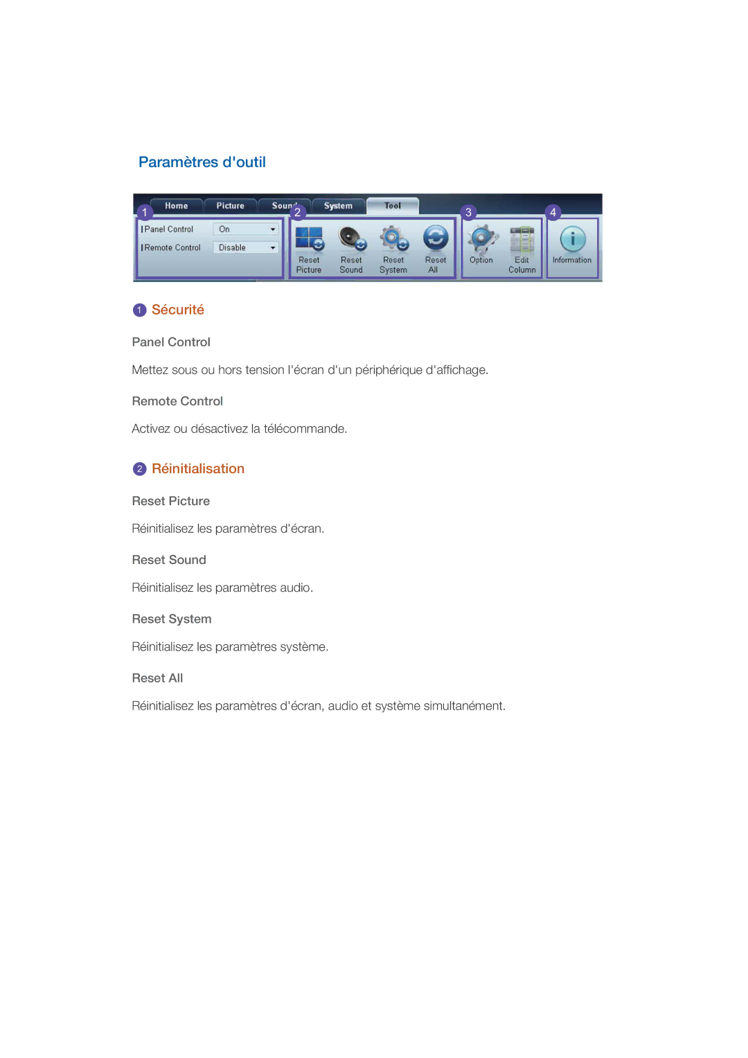 Samsung LH46DRBPLBB/EN manual Paramètres doutil, Réinitialisation 