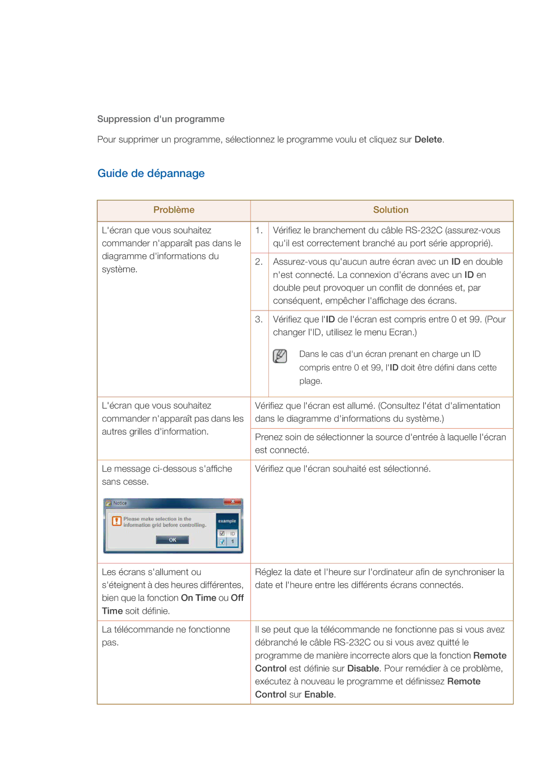 Samsung LH46DRBPLBB/EN manual Guide de dépannage, Suppression dun programme 