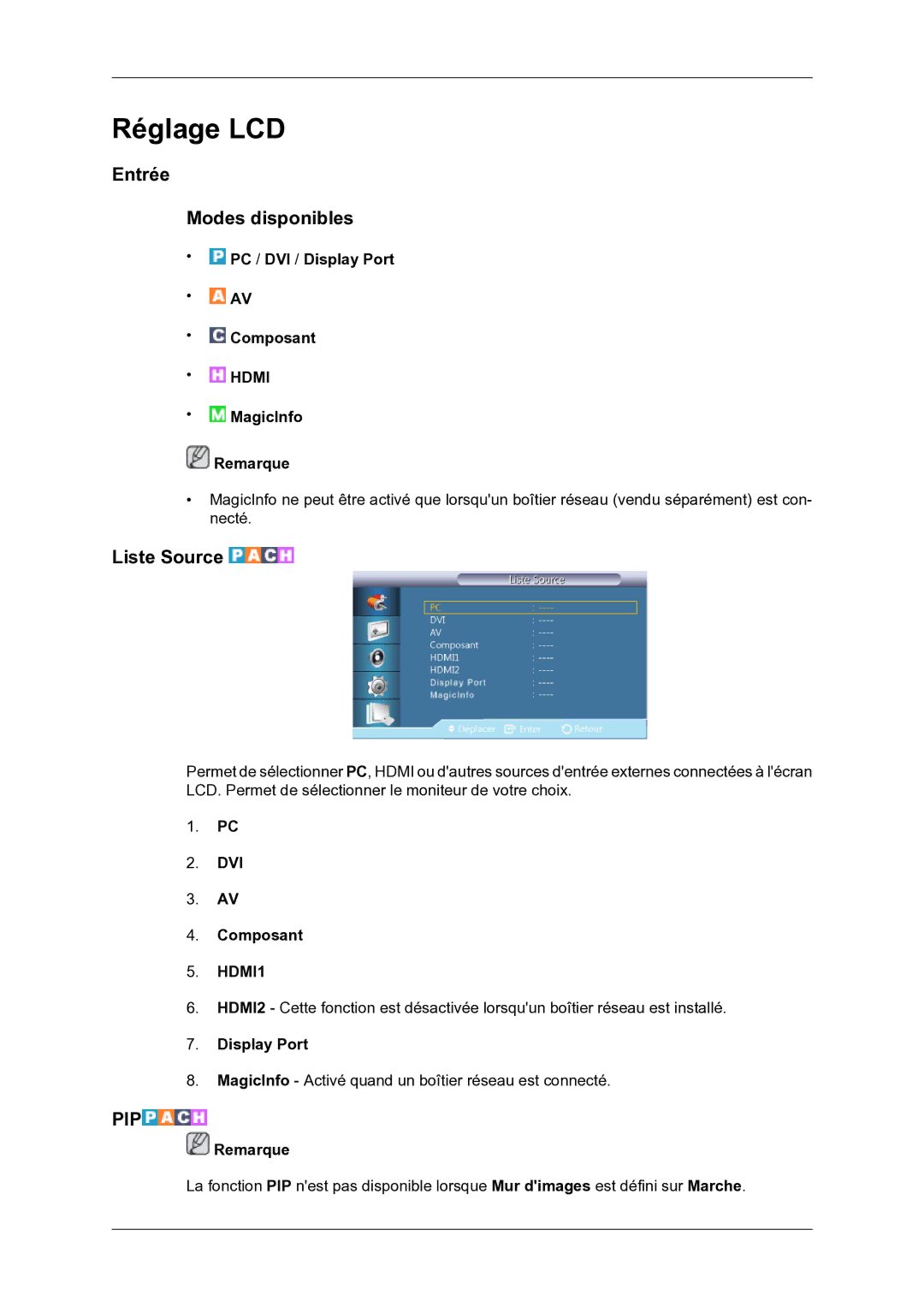 Samsung LH46DRBPLBB/EN manual Entrée Modes disponibles, Liste Source 