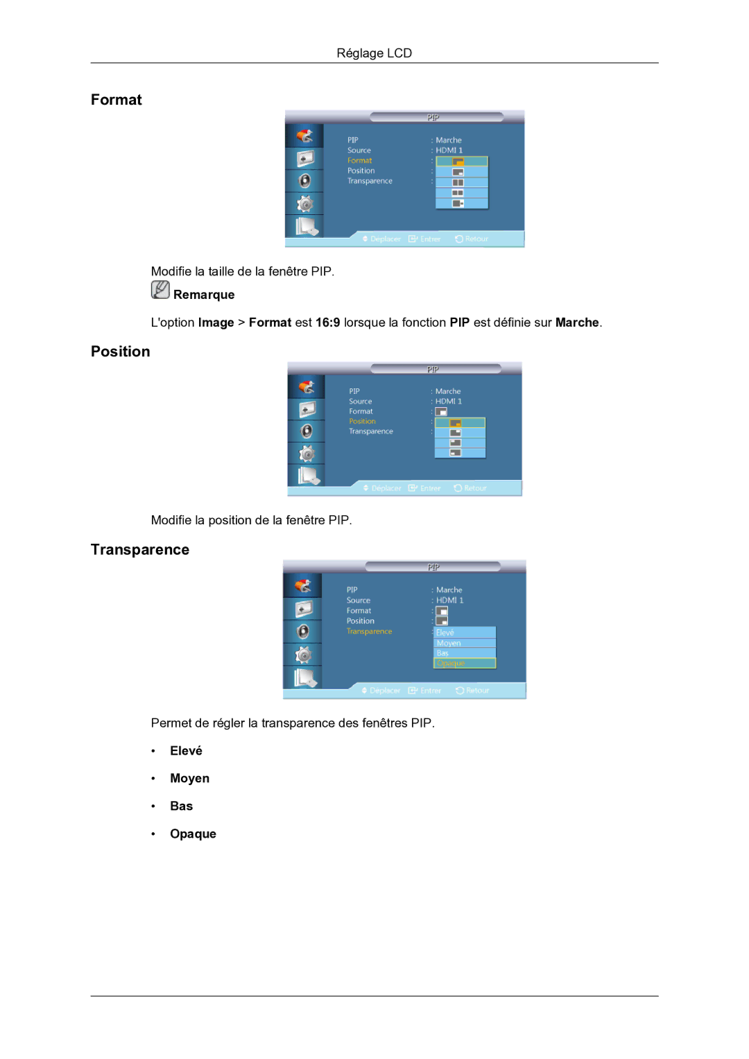 Samsung LH46DRBPLBB/EN manual Format, Position, Transparence, Elevé Moyen Bas Opaque 