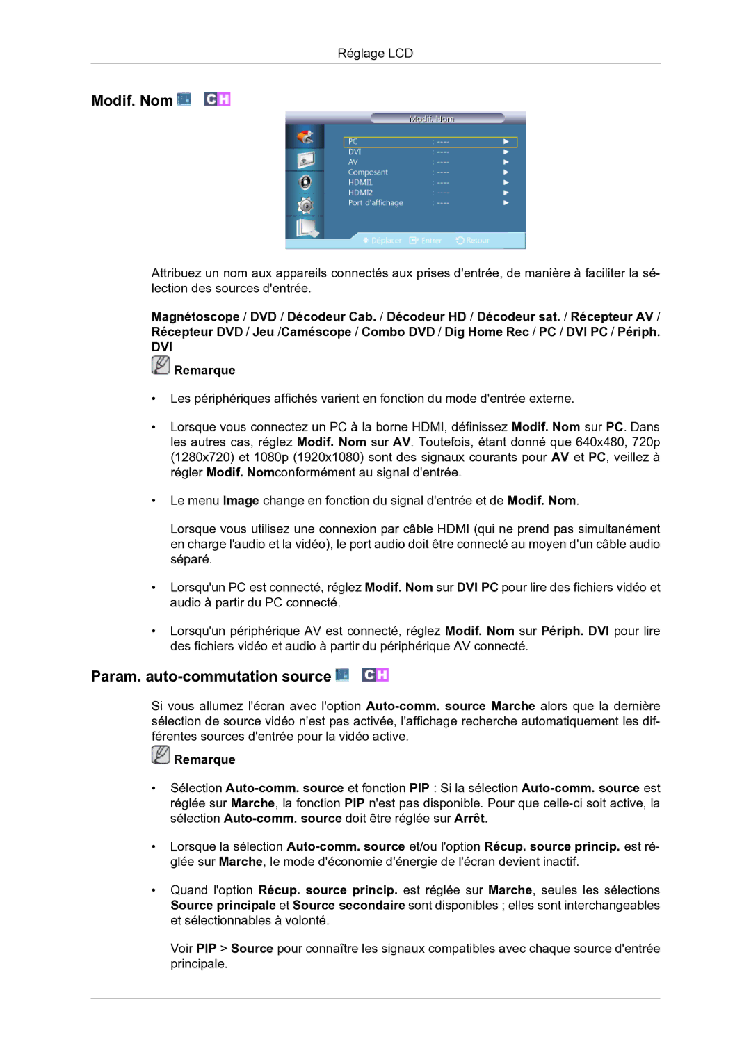 Samsung LH46DRBPLBB/EN manual Modif. Nom, Param. auto-commutation source 