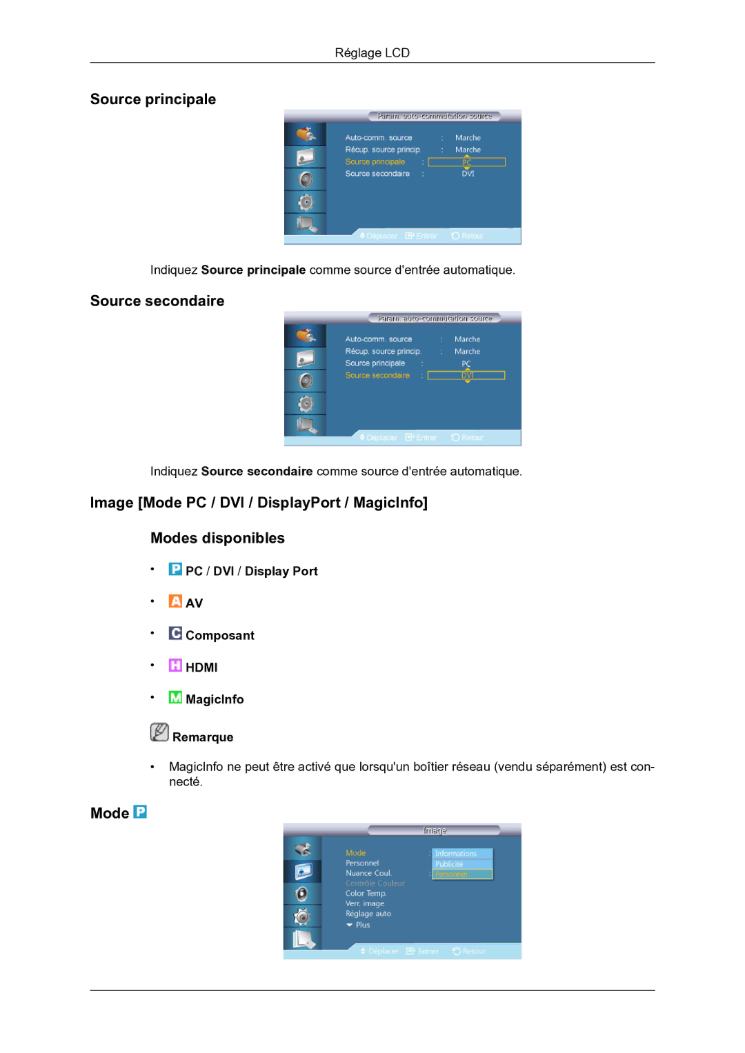 Samsung LH46DRBPLBB/EN manual Source principale, Source secondaire, Mode 