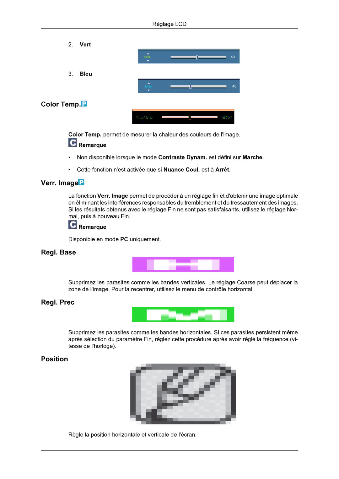 Samsung LH46DRBPLBB/EN manual Color Temp, Verr. Image, Regl. Base, Regl. Prec, Vert Bleu 