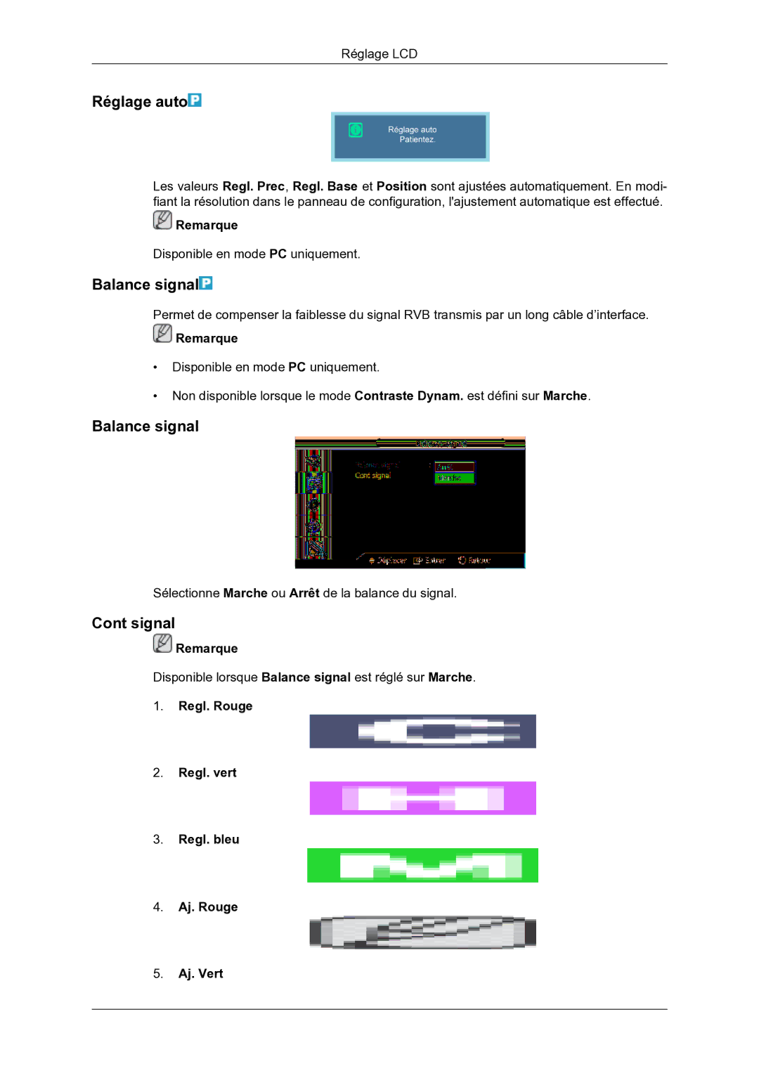 Samsung LH46DRBPLBB/EN manual Réglage auto, Balance signal, Signal, Regl. Rouge Regl. vert Regl. bleu Aj. Rouge Aj. Vert 