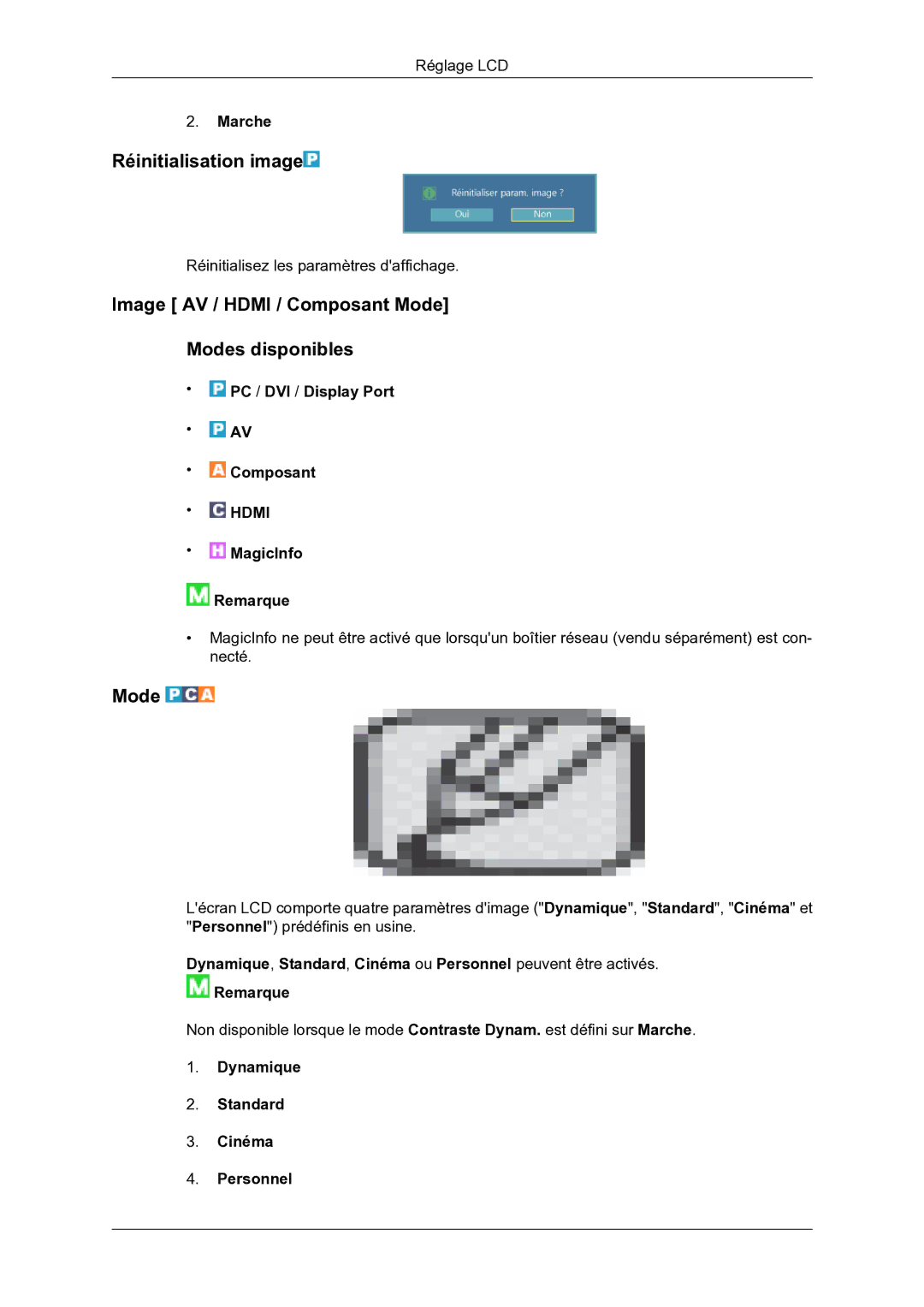 Samsung LH46DRBPLBB/EN manual Réinitialisation image, Image AV / Hdmi / Composant Mode Modes disponibles 