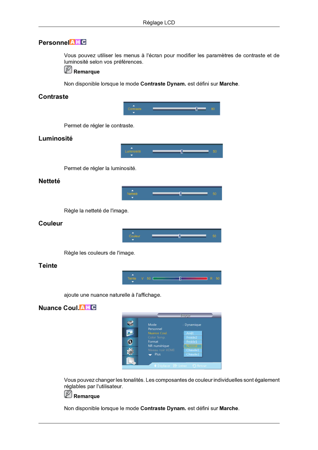 Samsung LH46DRBPLBB/EN manual Contraste, Luminosité, Netteté, Couleur, Teinte 
