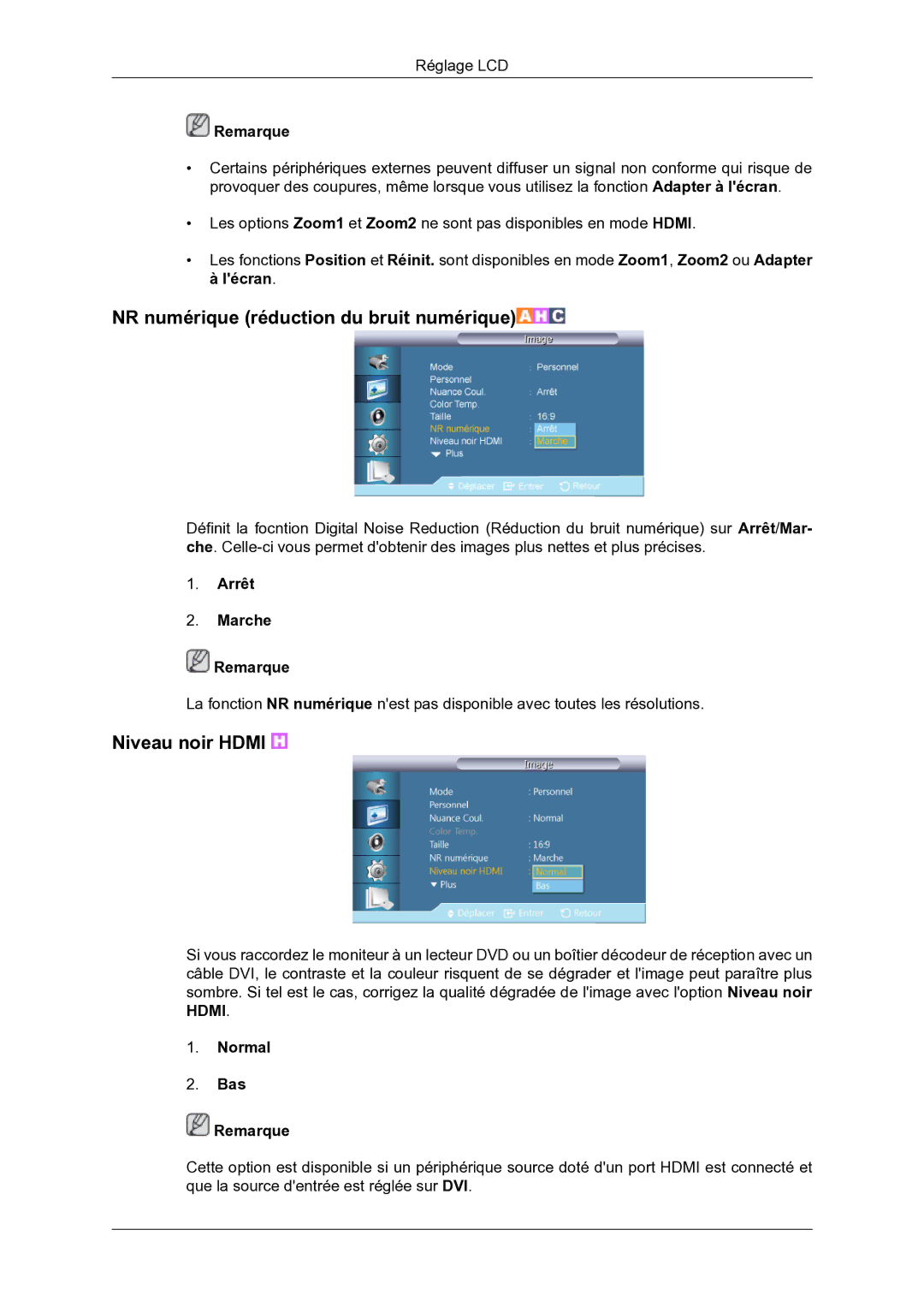 Samsung LH46DRBPLBB/EN manual NR numérique réduction du bruit numérique, Niveau noir Hdmi, Normal Bas Remarque 