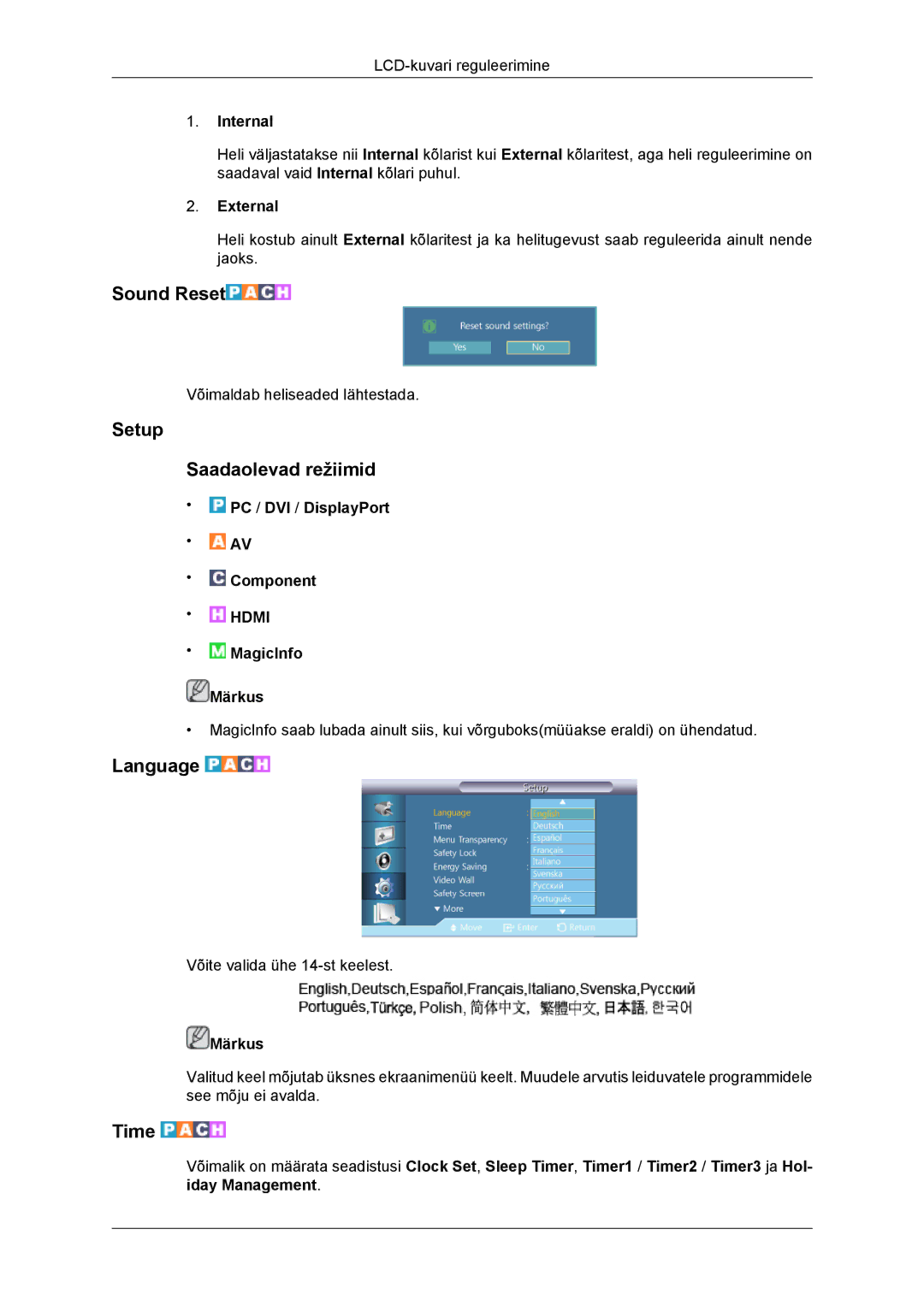 Samsung LH46DRBPLBB/EN manual Sound Reset, Setup Saadaolevad režiimid, Language, Time 