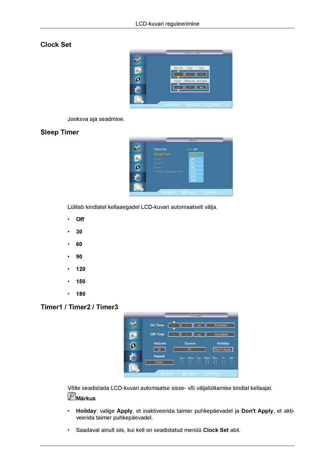 Samsung LH46DRBPLBB/EN manual Clock Set, Sleep Timer, Timer1 / Timer2 / Timer3, Off 120 150 180 