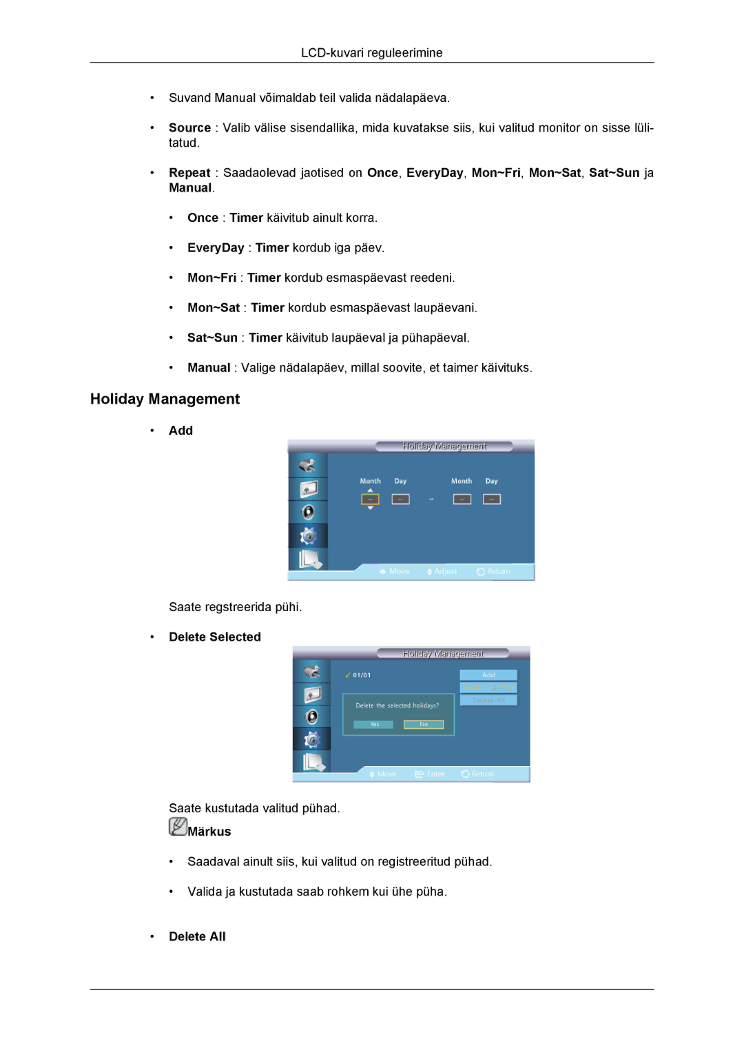 Samsung LH46DRBPLBB/EN manual Holiday Management, Add, Delete Selected, Delete All 