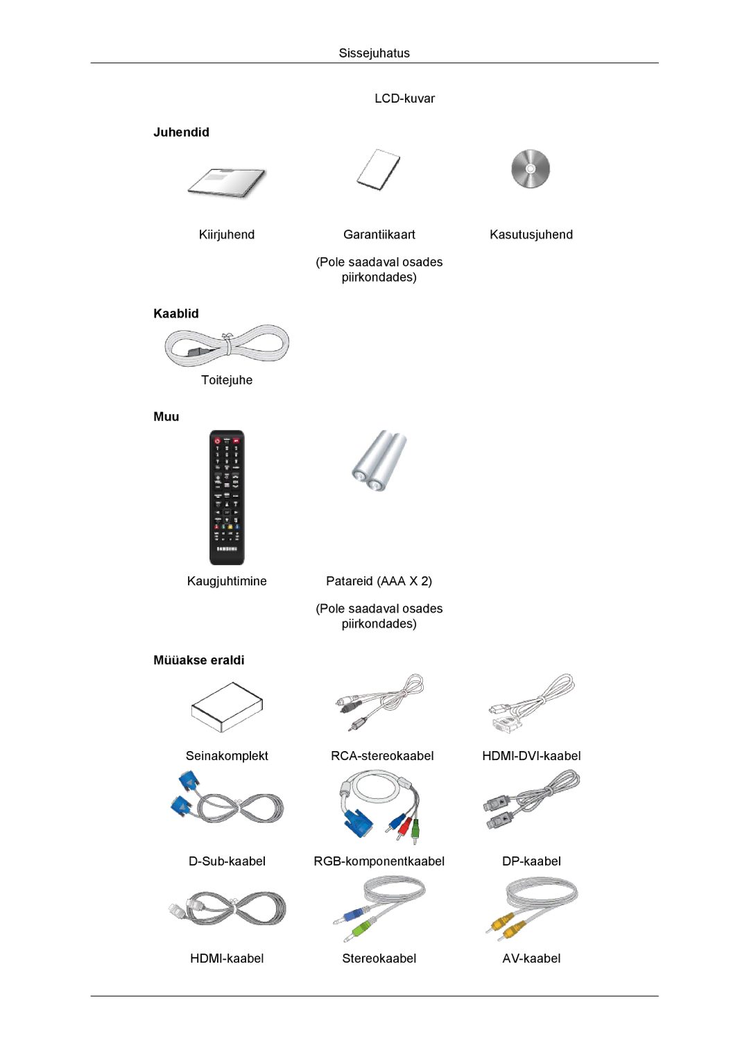 Samsung LH46DRBPLBB/EN manual Juhendid, Kaablid, Muu, Müüakse eraldi 