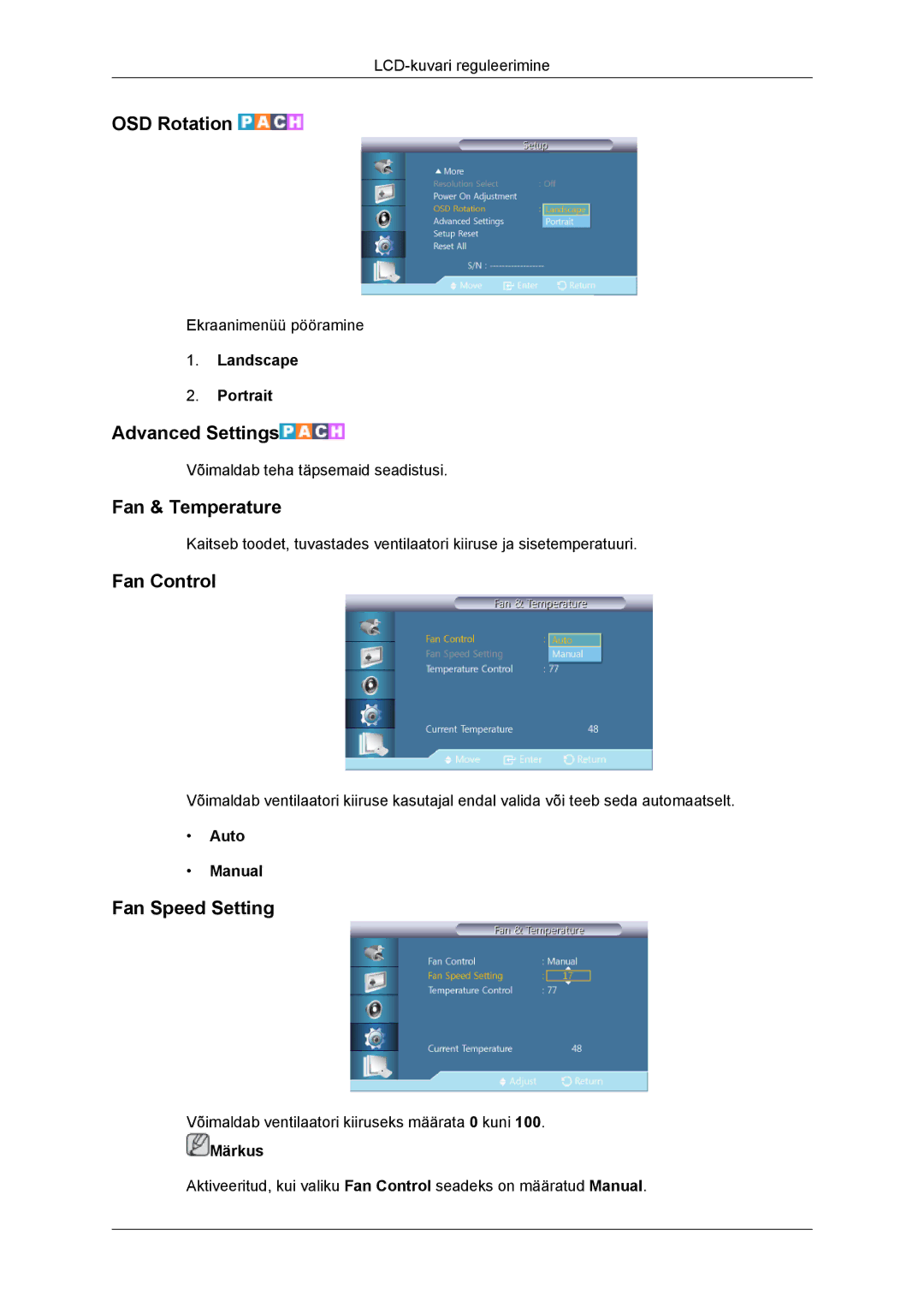 Samsung LH46DRBPLBB/EN manual OSD Rotation, Advanced Settings, Fan & Temperature, Fan Control, Fan Speed Setting 