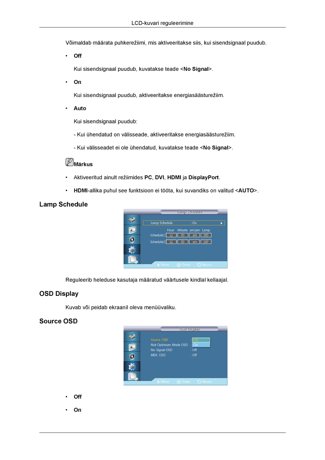 Samsung LH46DRBPLBB/EN manual Lamp Schedule, OSD Display, Source OSD, Auto 