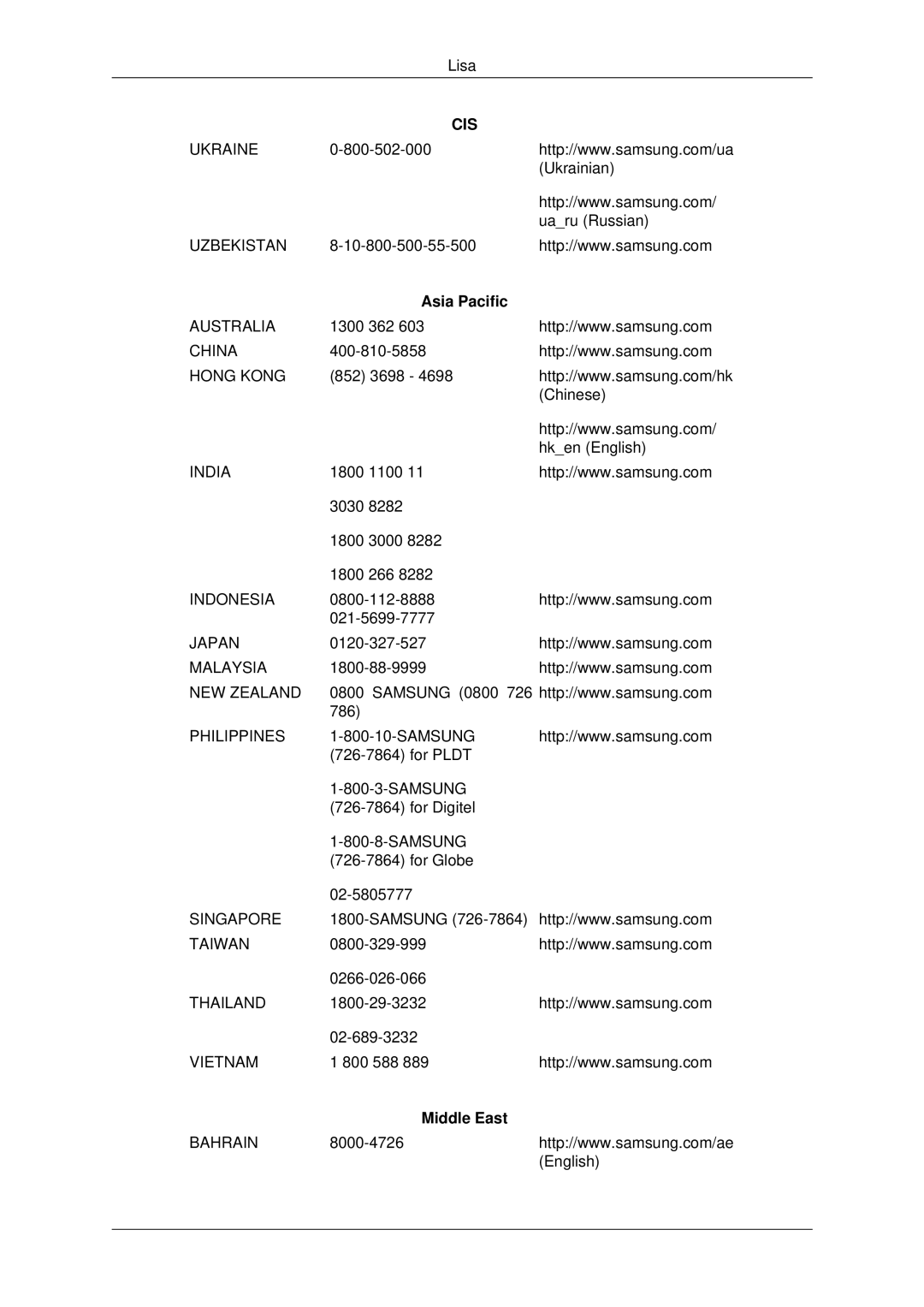 Samsung LH46DRBPLBB/EN manual Asia Pacific, Middle East 