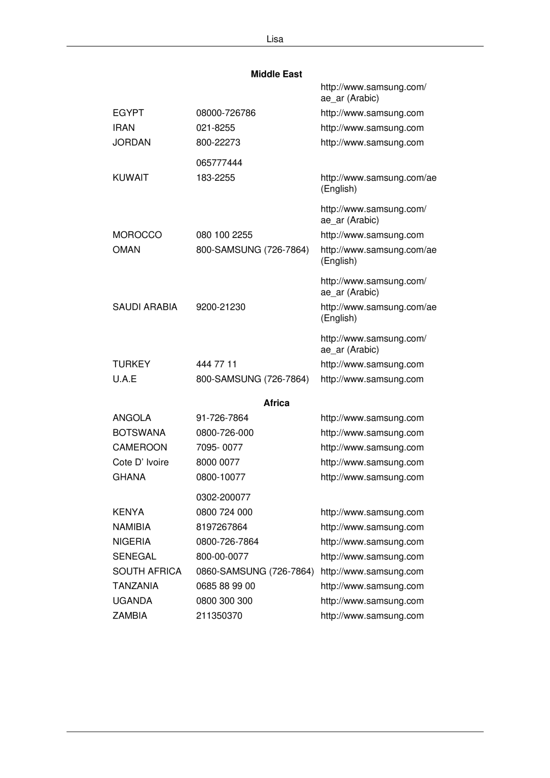 Samsung LH46DRBPLBB/EN manual Africa 