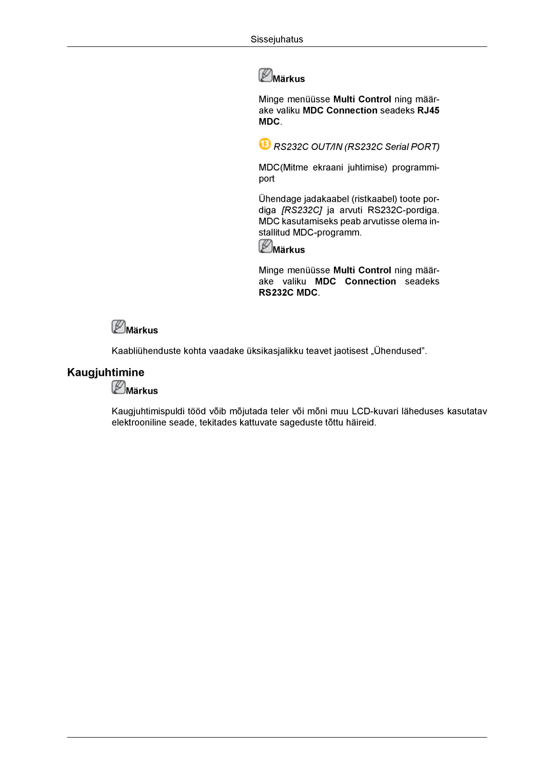 Samsung LH46DRBPLBB/EN manual Kaugjuhtimine, RS232C OUT/IN RS232C Serial Port 