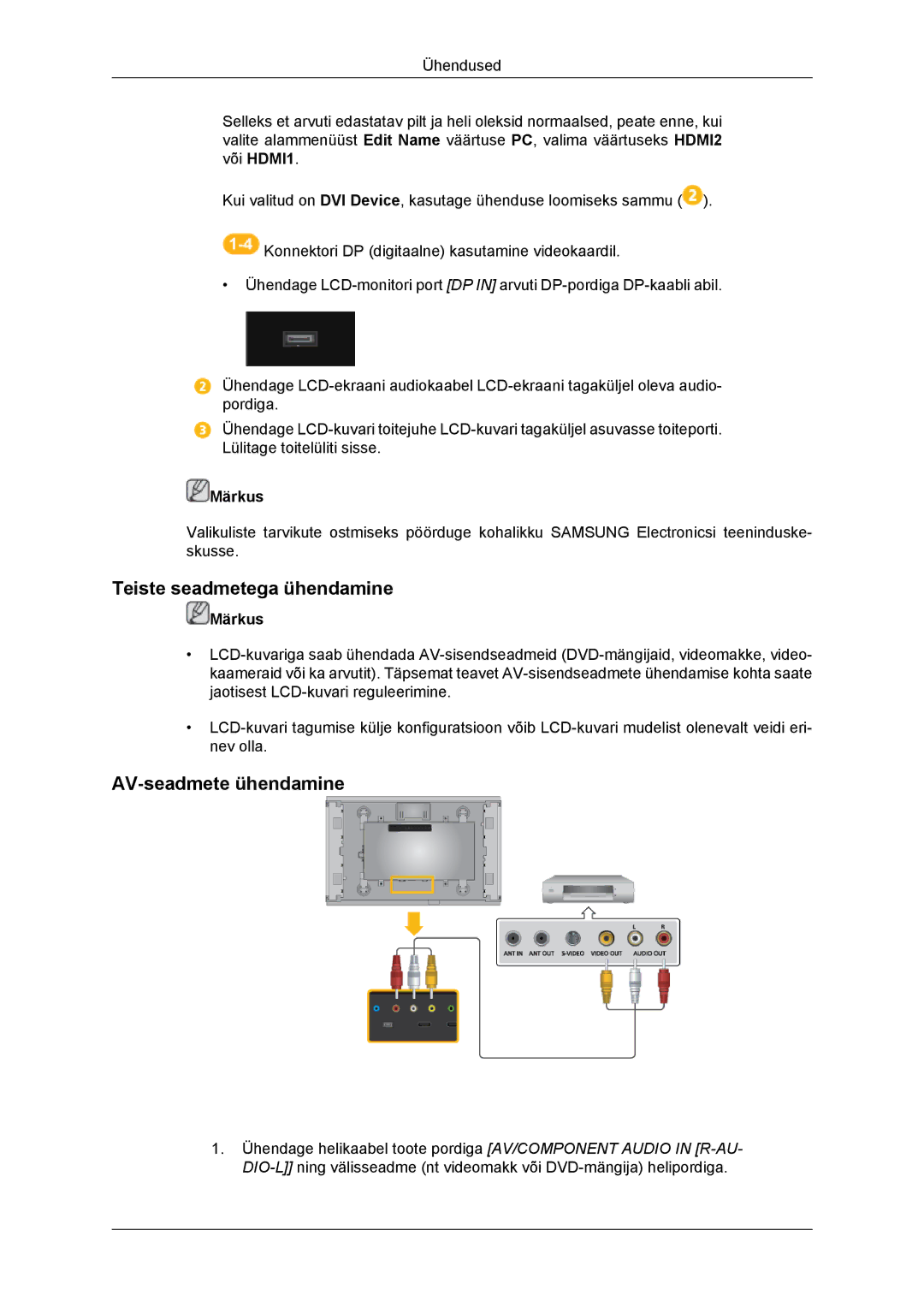 Samsung LH46DRBPLBB/EN manual Teiste seadmetega ühendamine, AV-seadmete ühendamine 