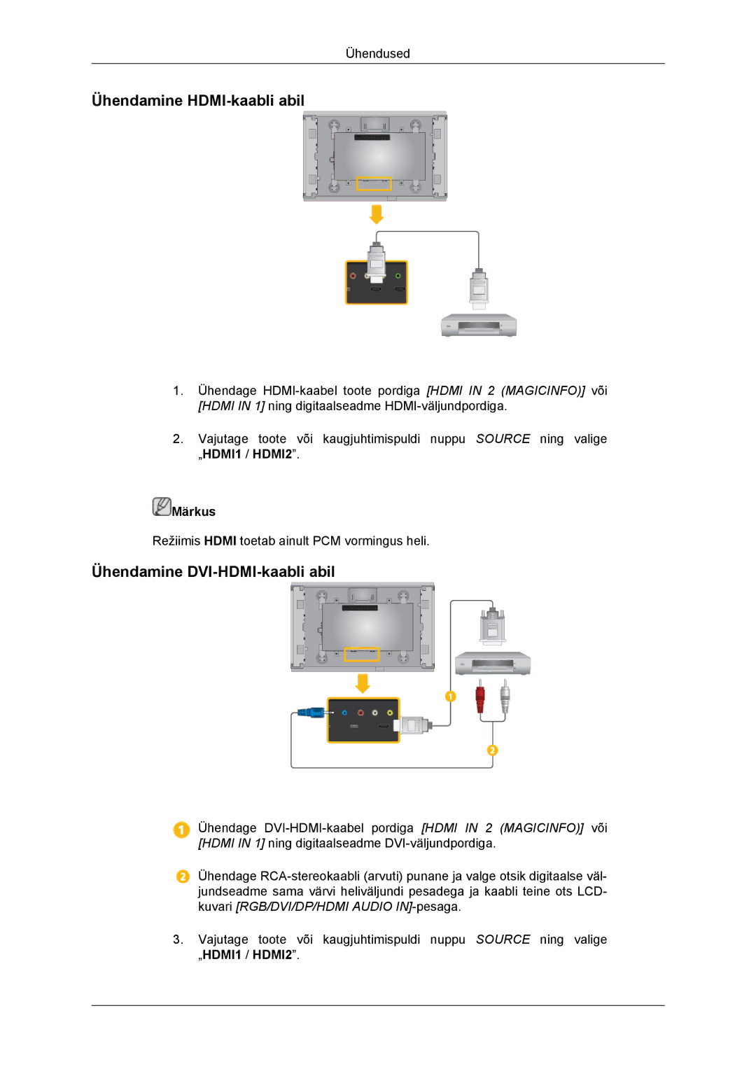 Samsung LH46DRBPLBB/EN manual Ühendamine HDMI-kaabli abil, Ühendamine DVI-HDMI-kaabli abil 